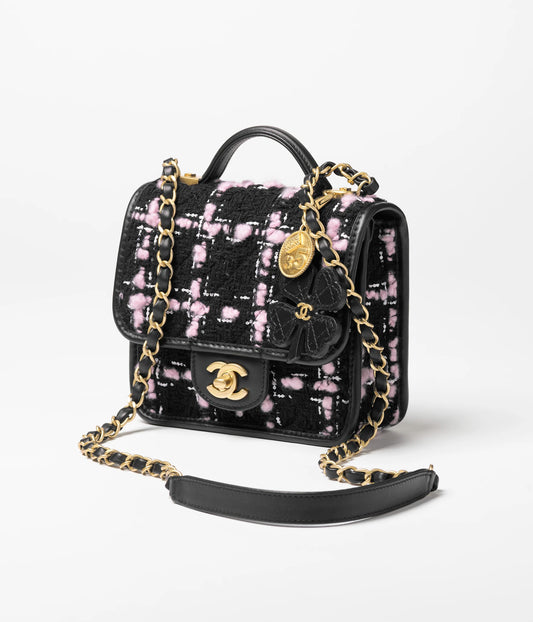 Chanel Flap Bag With Top Handle Wool Tweed, Calfskin & Gold-Tone Metal Black, Light Pink & White