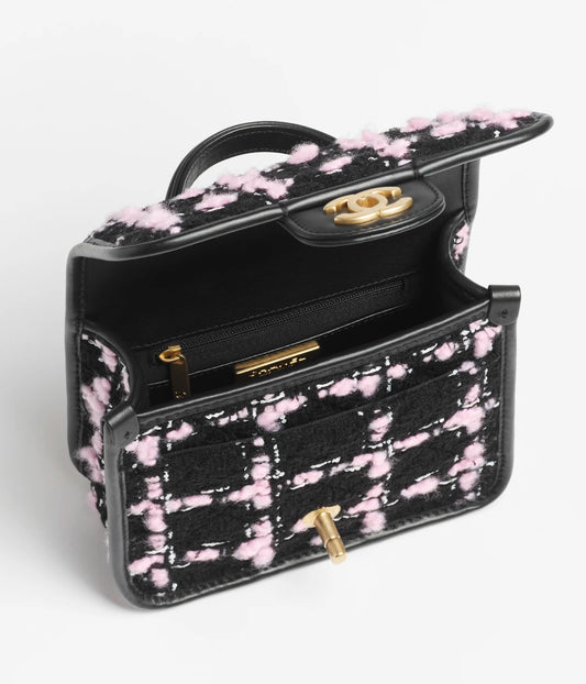Chanel Flap Bag With Top Handle Wool Tweed, Calfskin & Gold-Tone Metal Black, Light Pink & White