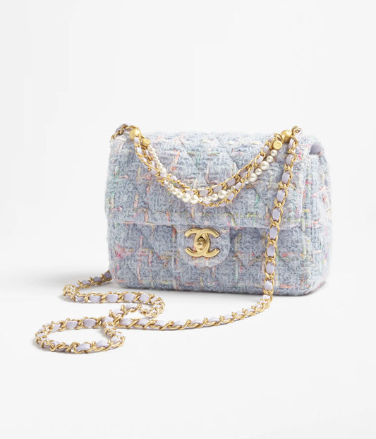 Chanel Mini Flap Bag Wool Tweed, Imitation Pearls & Gold-Tone Metal - Lilac & Multicolor