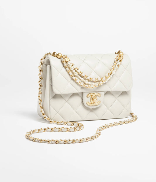 Chanel Mini Flap Bag Shiny Lambskin, Imitation Pearls & Gold-Tone Metal - Light Grey