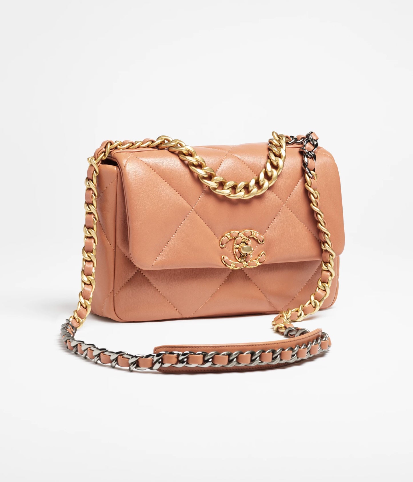 Chanel 19 Handbag Shiny Lambskin, Gold-Tone, Silver-Tone & Ruthenium-Finish Metal - Camel