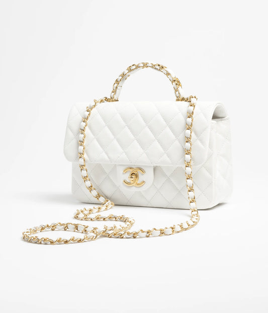 Chanel Flap Bag With Top Handle Grained Shiny Calfskin & Gold-Tone Metal White