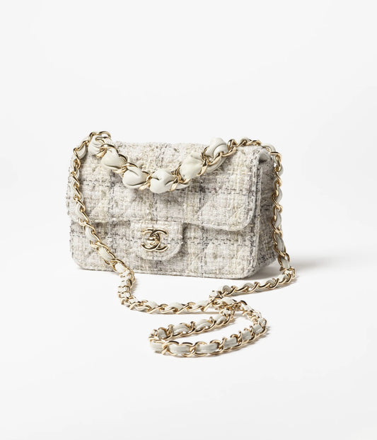 Chanel Mini Flap Bag Wool Tweed & Gold-Tone Metal - Gray, Black & Gold