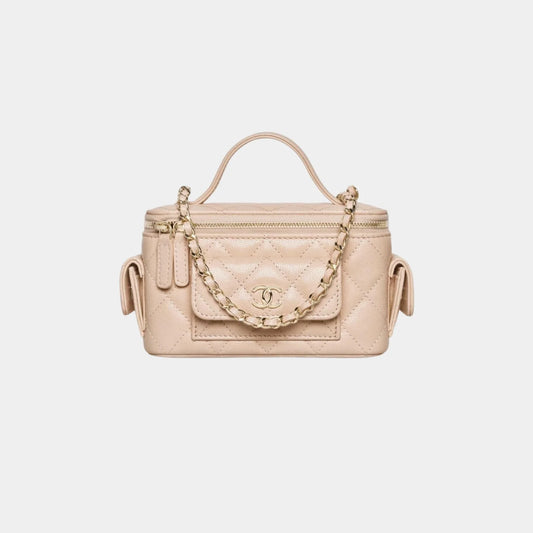 Chanel Vanity with Chain in Grained Shiny Calfskin and Gold Tone - Beige