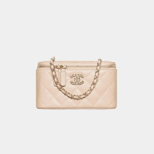 Chanel Long Vanity with Chain in Shiny Grained Calfskin and Strass - Beige