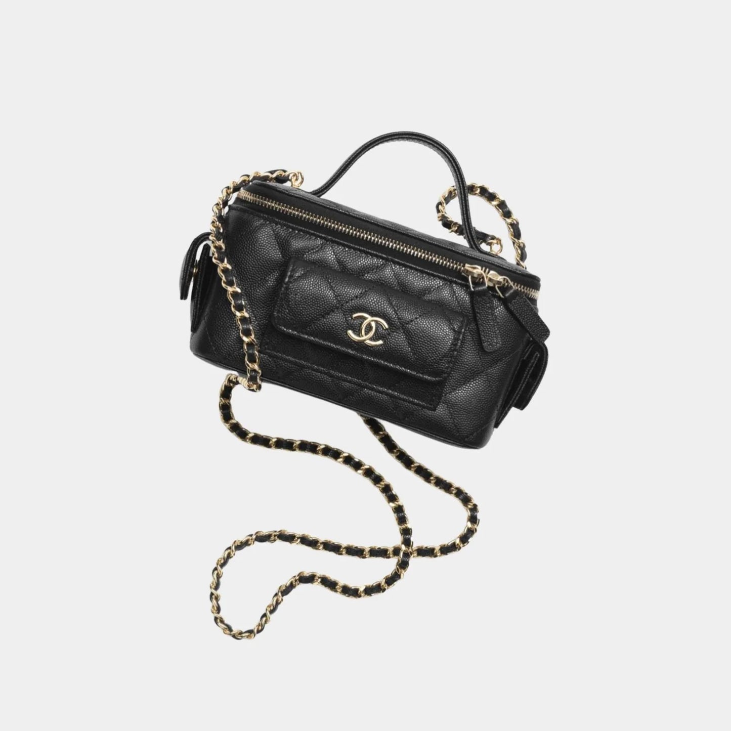 Chanel Vanity with Chain in Grained Shiny Calfskin and Gold Tone - Black