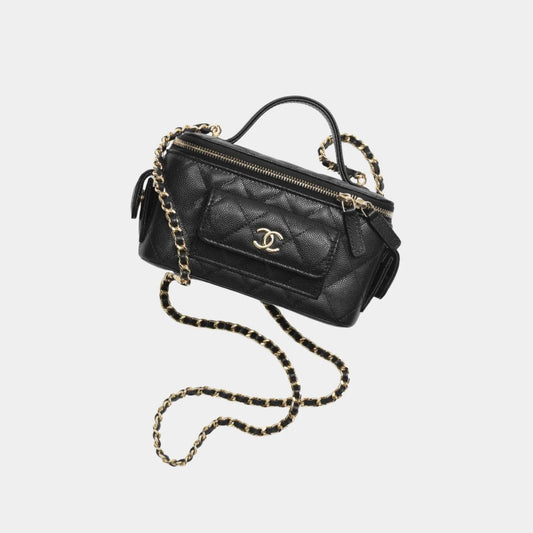 Chanel Vanity with Chain in Grained Shiny Calfskin and Gold Tone - Black