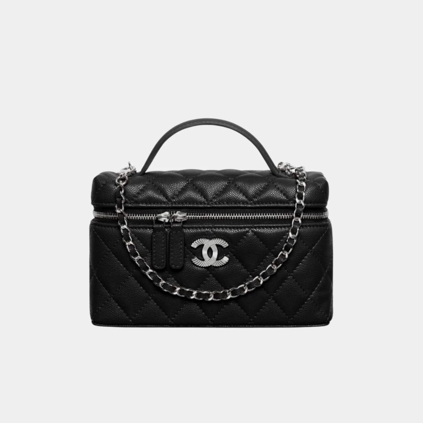 Chanel Long Vanity with Chain in Shiny Grained Calfskin and Silver Tone Metal - Black
