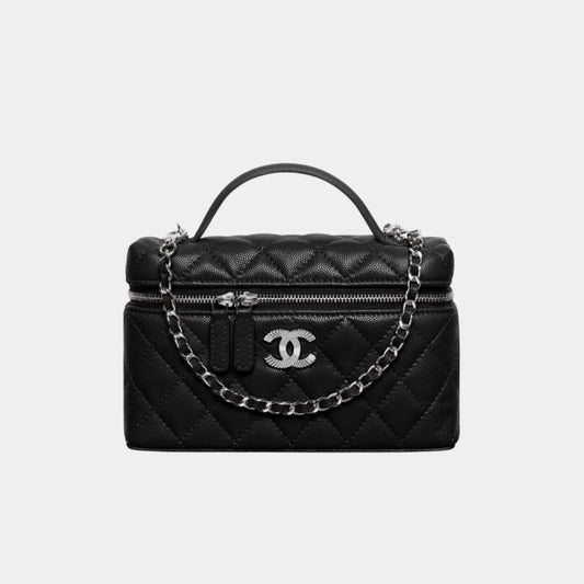 Chanel Long Vanity with Chain in Shiny Grained Calfskin and Silver Tone Metal - Black