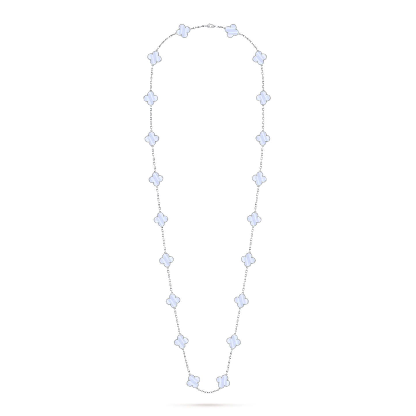 Van Cleef & Arpels, Vintage Alhambra long necklace, 20 motifs, rhodium plated 18K white gold, chalcedony