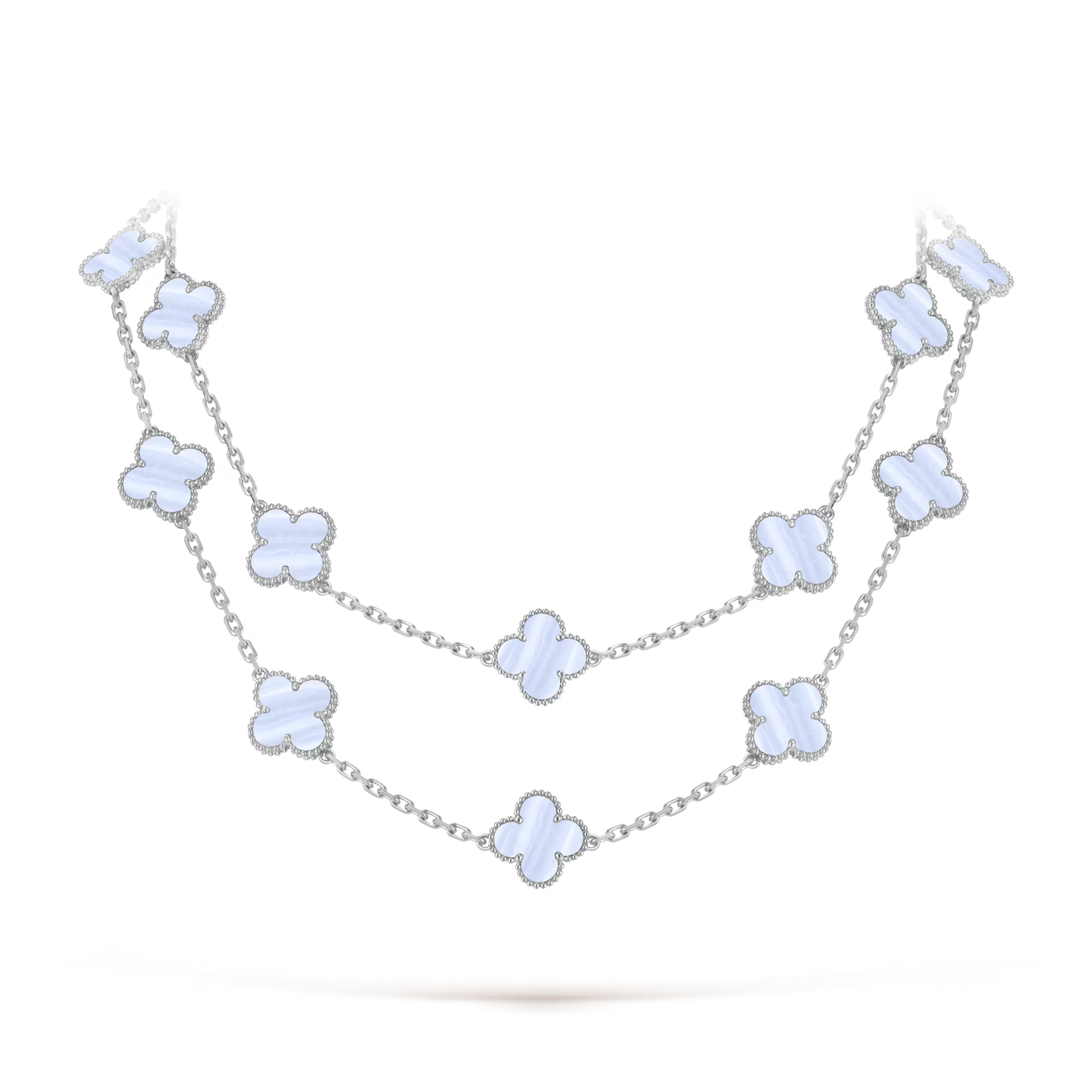 Van Cleef & Arpels, Vintage Alhambra long necklace, 20 motifs, rhodium plated 18K white gold, chalcedony