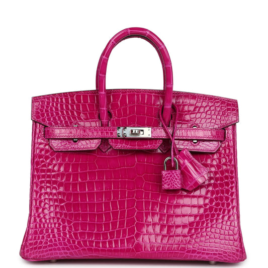 Hermès Birkin 25 Rose Sheherazade Shiny Porosus Crocodile Palladium Hardware
