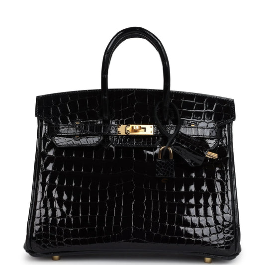 Hermès Birkin 25 Black Shiny Niloticus Crocodile Gold Hardware