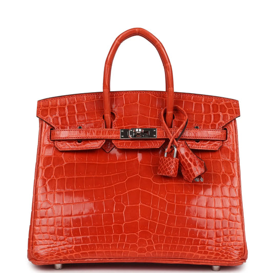 Hermès Birkin 25 Orange Poppy Shiny Niloticus Crocodile Palladium Hardware