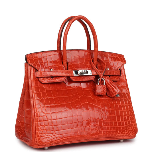 Hermès Birkin 25 Orange Poppy Shiny Niloticus Crocodile Palladium Hardware