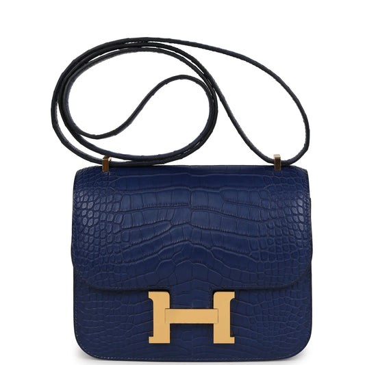 Hermès Constance 18 Bleu Saphir Matte Alligator Gold Hardware
