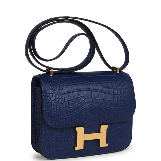 Hermès Constance 18 Bleu Saphir Matte Alligator Gold Hardware