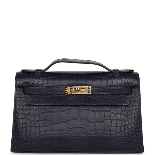 Hermès Kelly Pochette Bleu Indigo Matte Alligator Gold Hardware