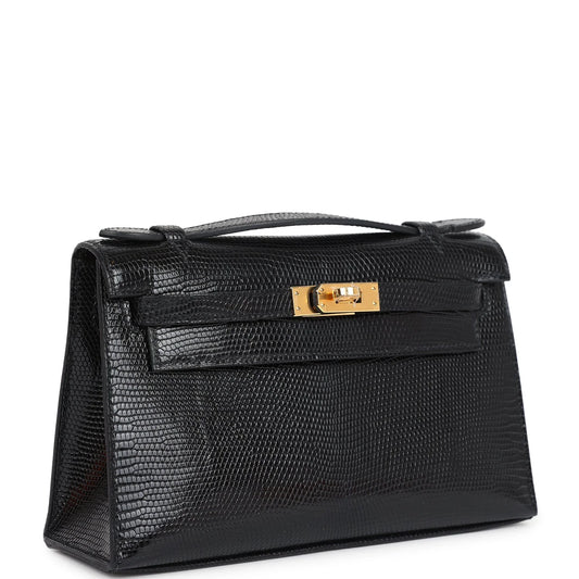 Hermès Kelly Pochette Black Varanus Niloticus Lizard Gold Hardware