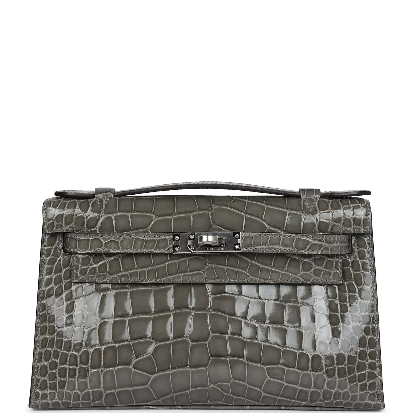 Hermès Kelly Pochette Gris Ciment Shiny Alligator Palladium Hardware