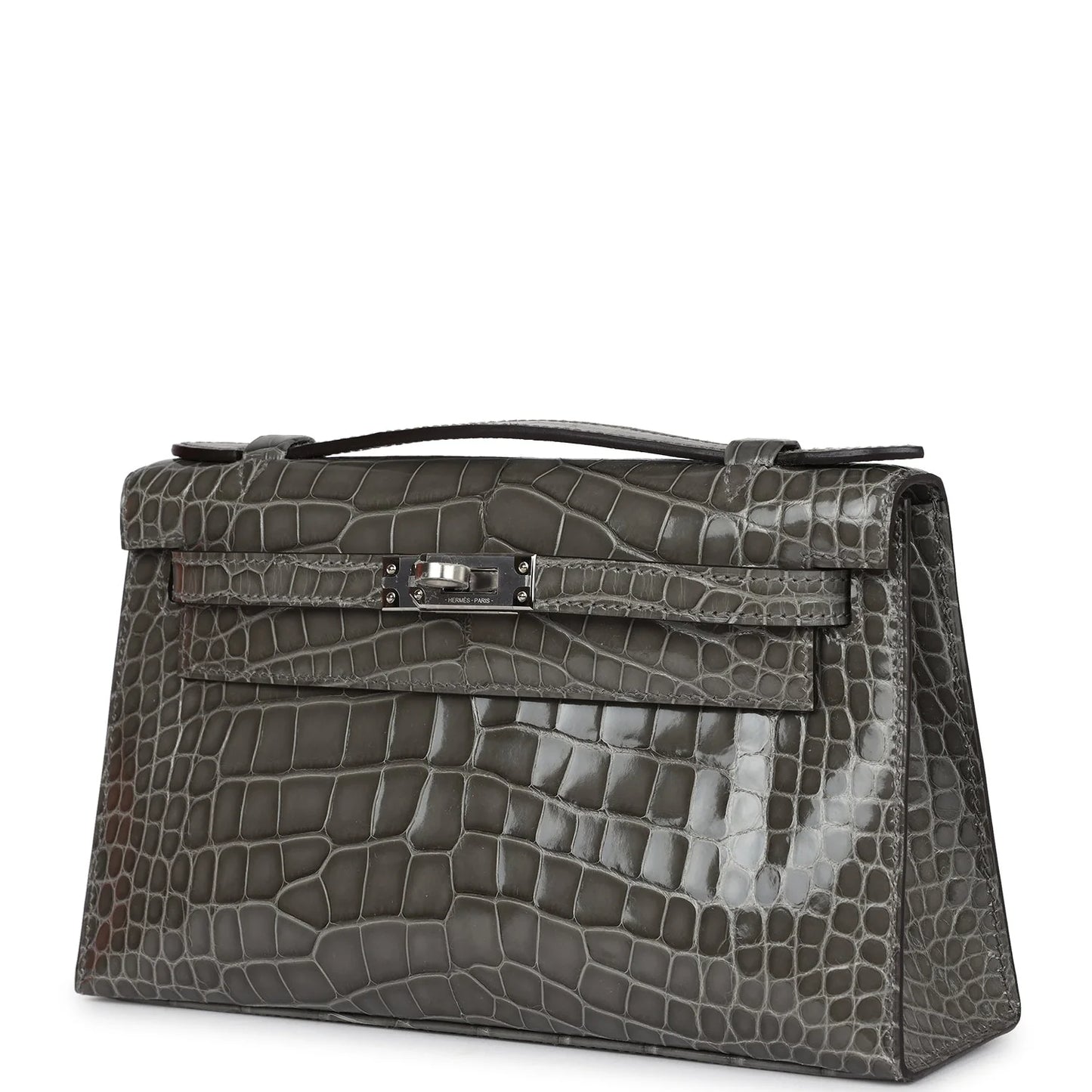 Hermès Kelly Pochette Gris Ciment Shiny Alligator Palladium Hardware