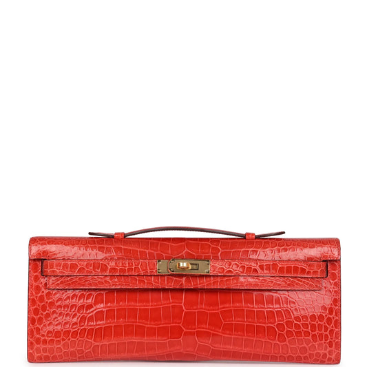 Hermès Kelly Cut Orange Poppy Shiny Porosus Crocodile Gold Hardware