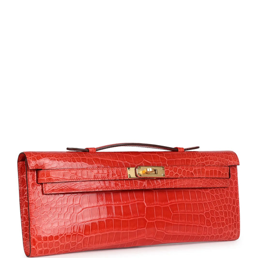 Hermès Kelly Cut Orange Poppy Shiny Porosus Crocodile Gold Hardware