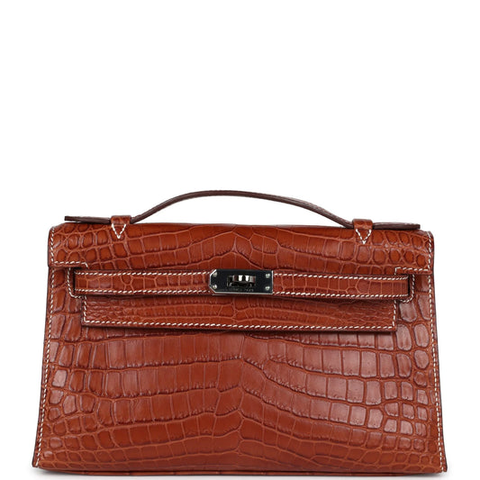 Hermès Kelly Pochette Fauve Matte Niloticus Crocodile Ruthenium Hardware