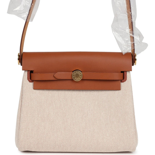 Hermès Herbag Zip 20 Mini Ecru and Beige Toile H Canvas and Fauve Vache Hunter Gold Hardware