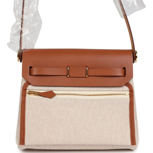 Hermès Herbag Zip 20 Mini Ecru and Beige Toile H Canvas and Fauve Vache Hunter Gold Hardware