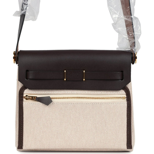 Hermès Herbag Zip 20 Mini Ecru and Beige Toile H Canvas and Ebene Vache Hunter Gold Hardware