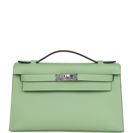 Hermès Kelly Pochette Vert Criquet Swift Palladium Hardware