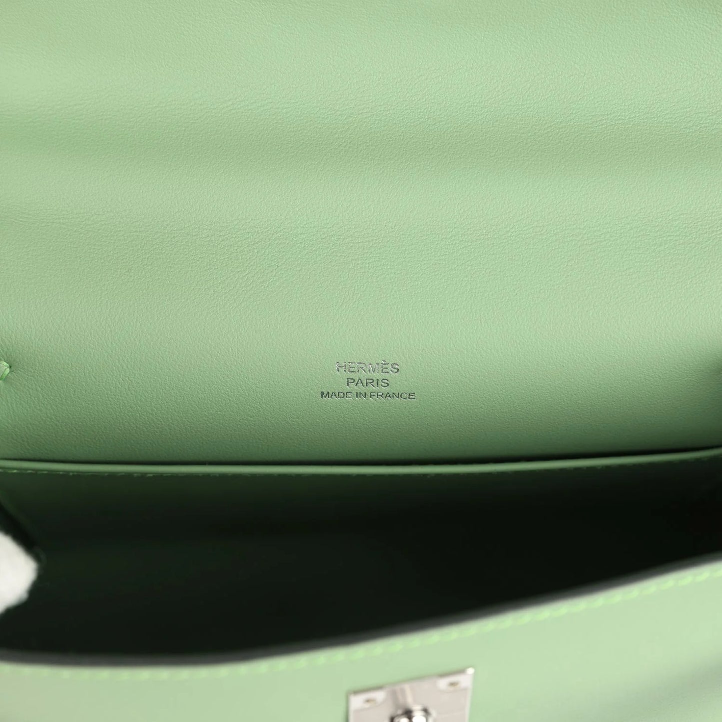 Hermès Kelly Pochette Vert Criquet Swift Palladium Hardware