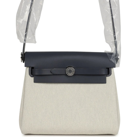 Hermès Herbag Zip 20 Mini Ecru and Bleu Glacier Toile H Canvas and Ardoise Vache Hunter Palladium Hardware