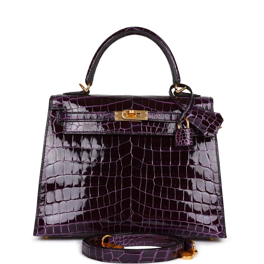 Hermès Kelly Sellier 25 Aubergine Shiny Niloticus Crocodile Gold Hardware
