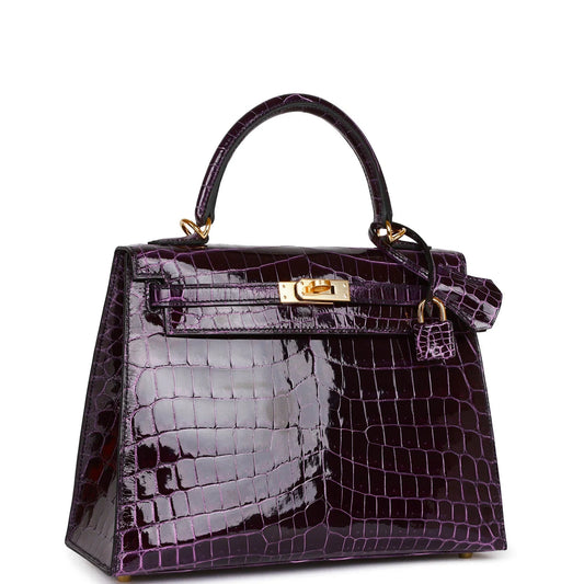 Hermès Kelly Sellier 25 Aubergine Shiny Niloticus Crocodile Gold Hardware