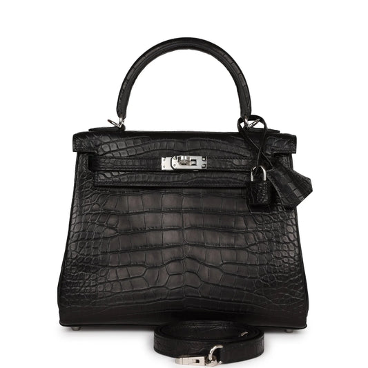 Hermès Kelly Retourne 25 Black Matte Alligator Palladium Hardware