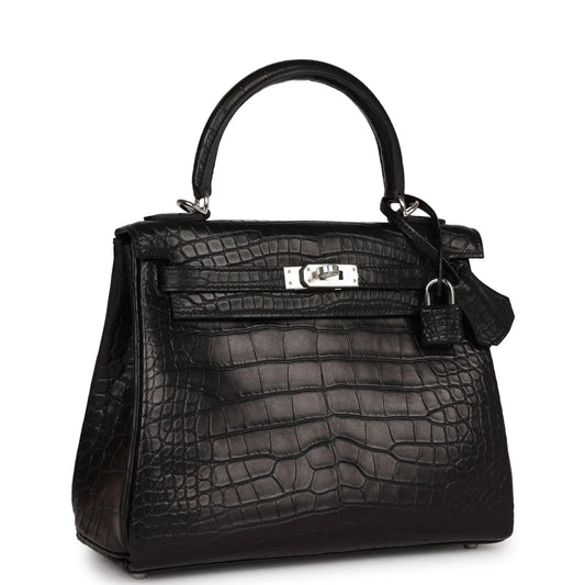 Hermès Kelly Retourne 25 Black Matte Alligator Palladium Hardware