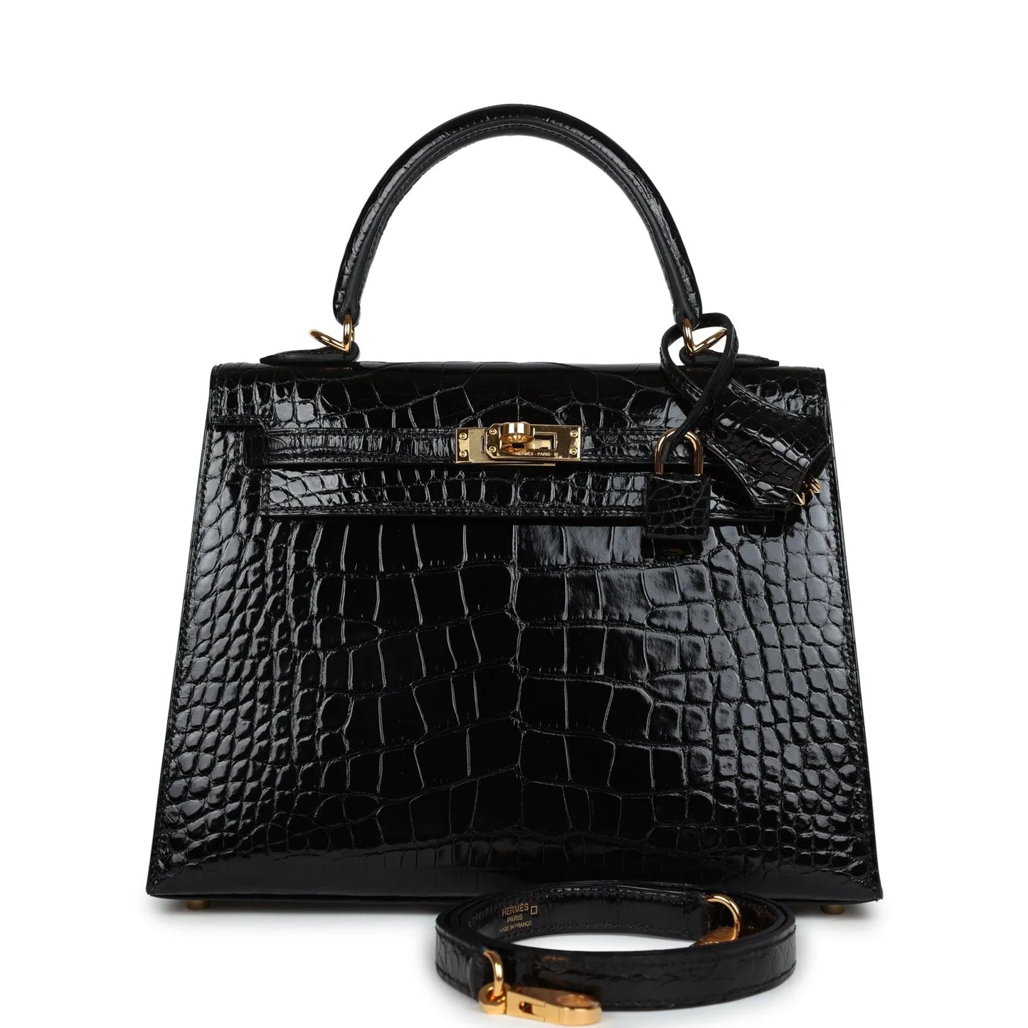 Hermès Kelly Sellier 25 Black Shiny Alligator Gold Hardware