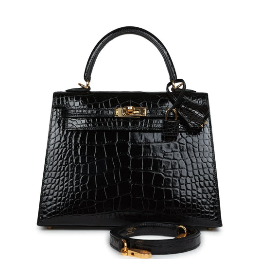 Hermès Kelly Sellier 25 Black Shiny Alligator Gold Hardware