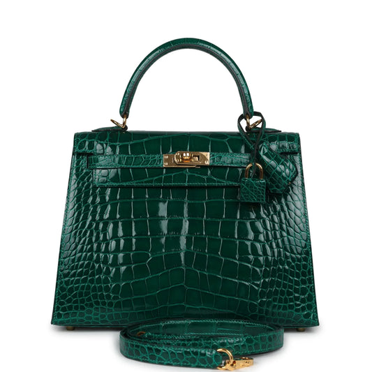 Hermès Kelly Sellier 25 Emerald Shiny Alligator Gold Hardware