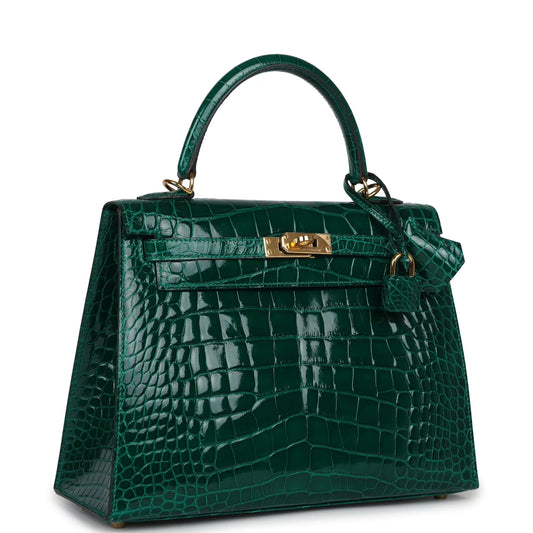 Hermès Kelly Sellier 25 Emerald Shiny Alligator Gold Hardware