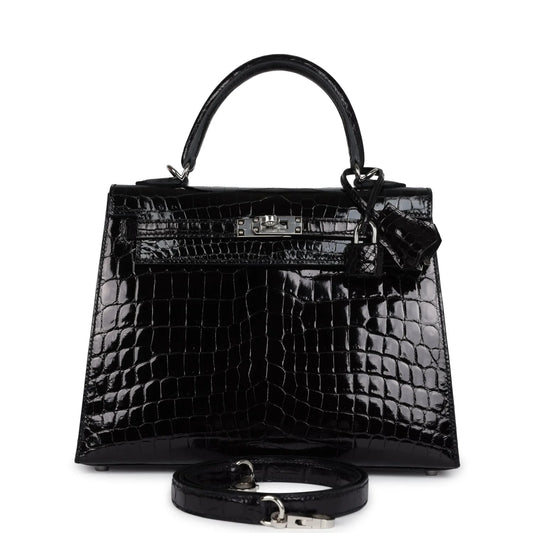 Hermès Kelly Sellier 25 Black Shiny Niloticus Crocodile Palladium Hardware