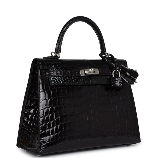 Hermès Kelly Sellier 25 Black Shiny Niloticus Crocodile Palladium Hardware