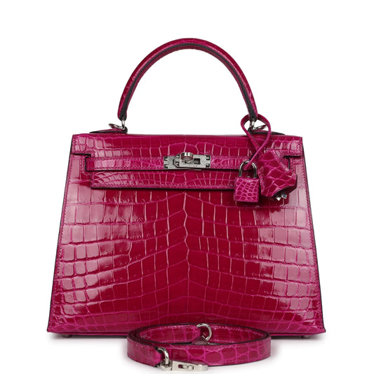 Hermès Kelly Sellier 25 Rose Pourpre Shiny Niloticus Crocodile Palladium Hardware