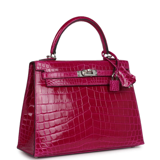 Hermès Kelly Sellier 25 Rose Pourpre Shiny Niloticus Crocodile Palladium Hardware