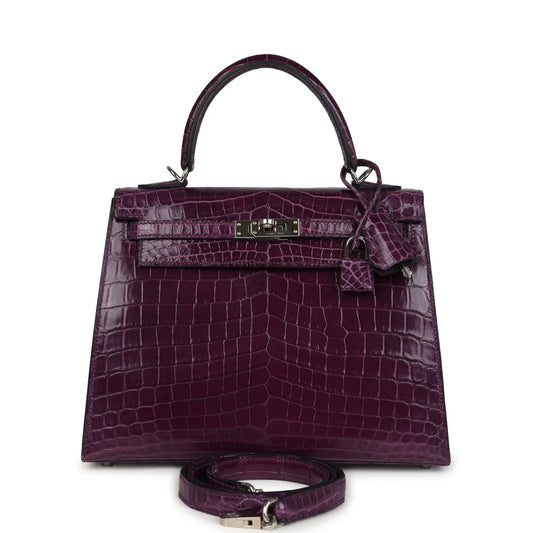 Hermès Kelly Sellier 25 Amethyst Shiny Niloticus Crocodile Palladium Hardware