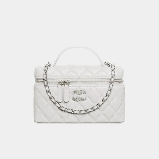 Chanel Long Vanity with Chain in Shiny Grained Calfskin and Silver Tone Metal - Light Grey
