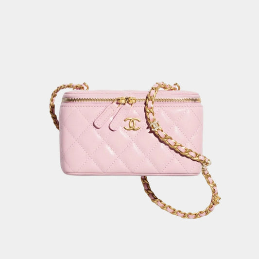 Chanel Vanity with Gold-Tone Chain in Grained Shiny Calfskin - Light Pink