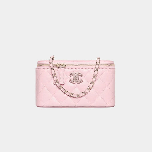 Chanel Long Vanity with Chain in Shiny Grained Calfskin and Strass - Light Pink